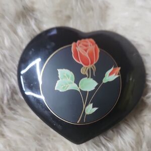 Heart-Shaped Black Trinket Box with Red Rose Design